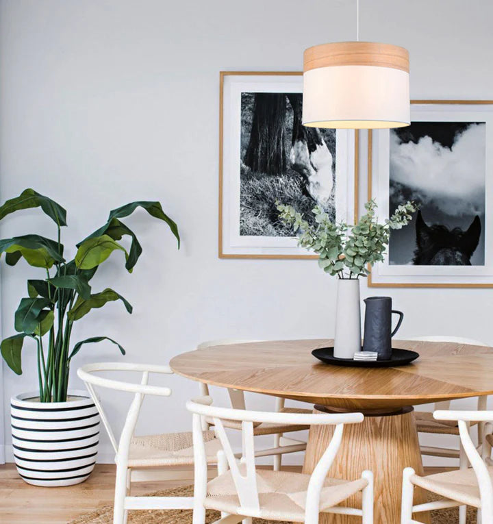 TAMBURA: Scandinavian Round Cloth Shade with Wood Veneer Trim Pendant Lights Pendant