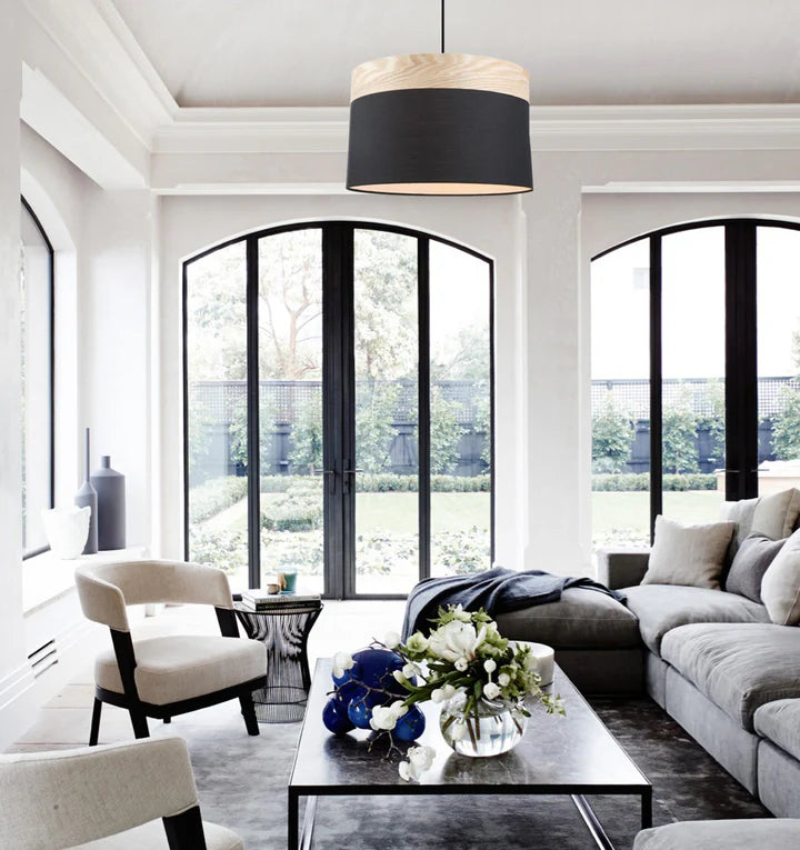 TAMBURA: Scandinavian Round Cloth Shade with Wood Veneer Trim Pendant Lights Pendant