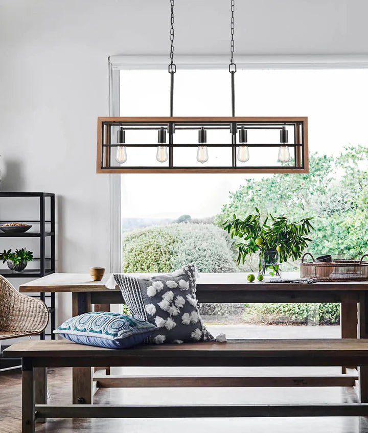 BANQUET: Retro Interior Rectangular Wood Frame Pendant Light Pendant