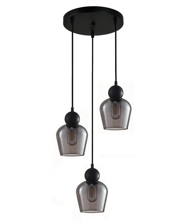 CHAMPAN: Interior Bronze Amber / Smokey Black Glass Ellipse Multiple Round Base Pendant Lights Smokey Black Pendant