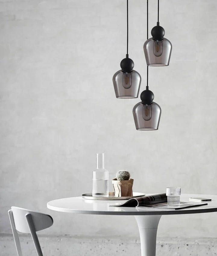 CHAMPAN: Interior Bronze Amber / Smokey Black Glass Ellipse Multiple Round Base Pendant Lights Pendant