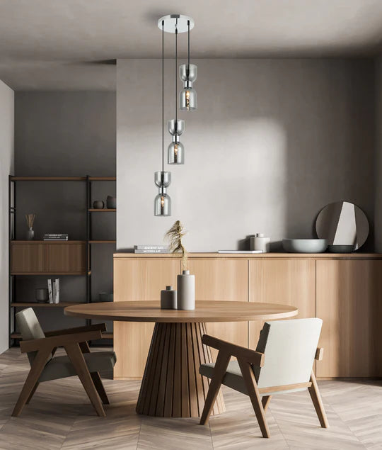 CLESSIDRA: Interior Mirror Finish Smokey Black / Opal Glass Ellipse Multiple Round Base Pendant Lights Pendant