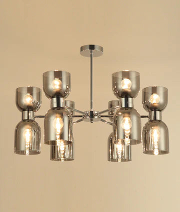CLESSIDRA: Interior Mirror Finish Smokey Black / Opal Glass Ellipse x12 Round Base Pendant Lights Pendant
