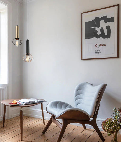 CORAZON: Interior Matte Black and Copper Cage Diamond/ Brass and Matte Black Round Cage Pendant Light Pendant