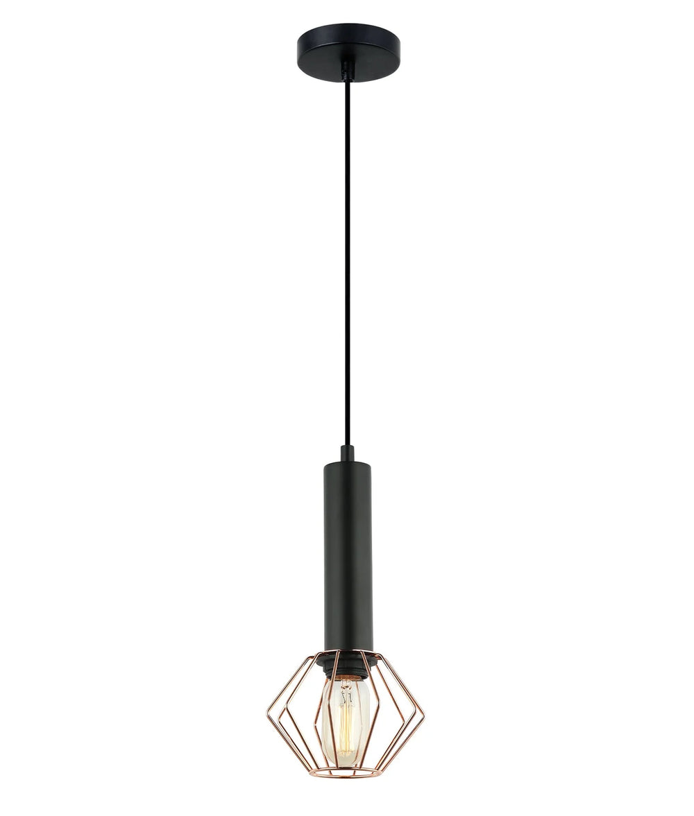 CORAZON: Interior Matte Black and Copper Cage Diamond/ Brass and Matte Black Round Cage Pendant Light Matte Black and Copper Cage Diamond Pendant