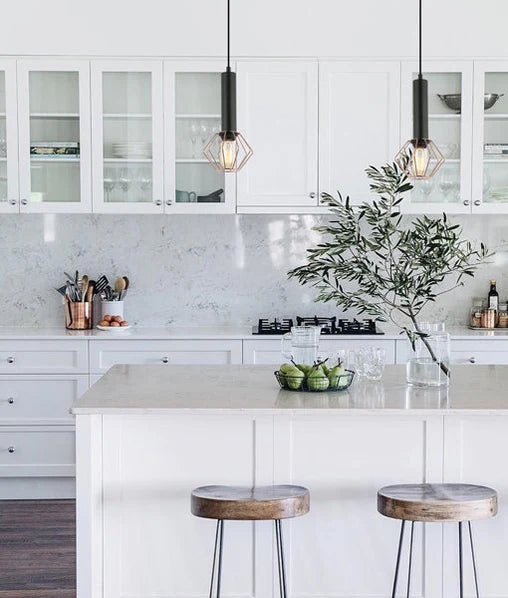 CORAZON: Interior Matte Black and Copper Cage Diamond/ Brass and Matte Black Round Cage Pendant Light Pendant