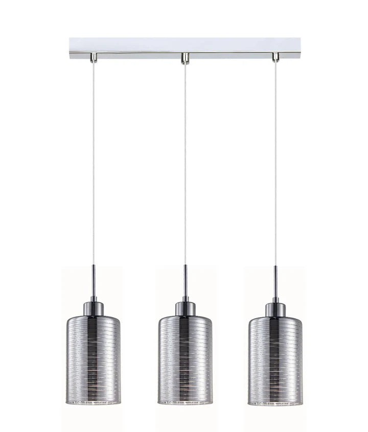 ESPEJO1: Interior Iron & Chrome /Rose Gold Oblong Glass with Line Effect Pendant Lights Chrome Multiple Bar Base Pendant