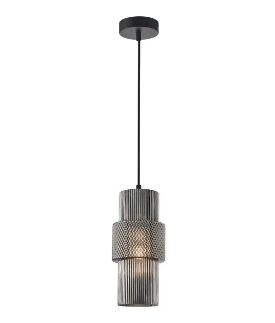 HUECA: Interior Double Cylinder Ribbed with Segment Pendant Lights Smokey Black Pendant
