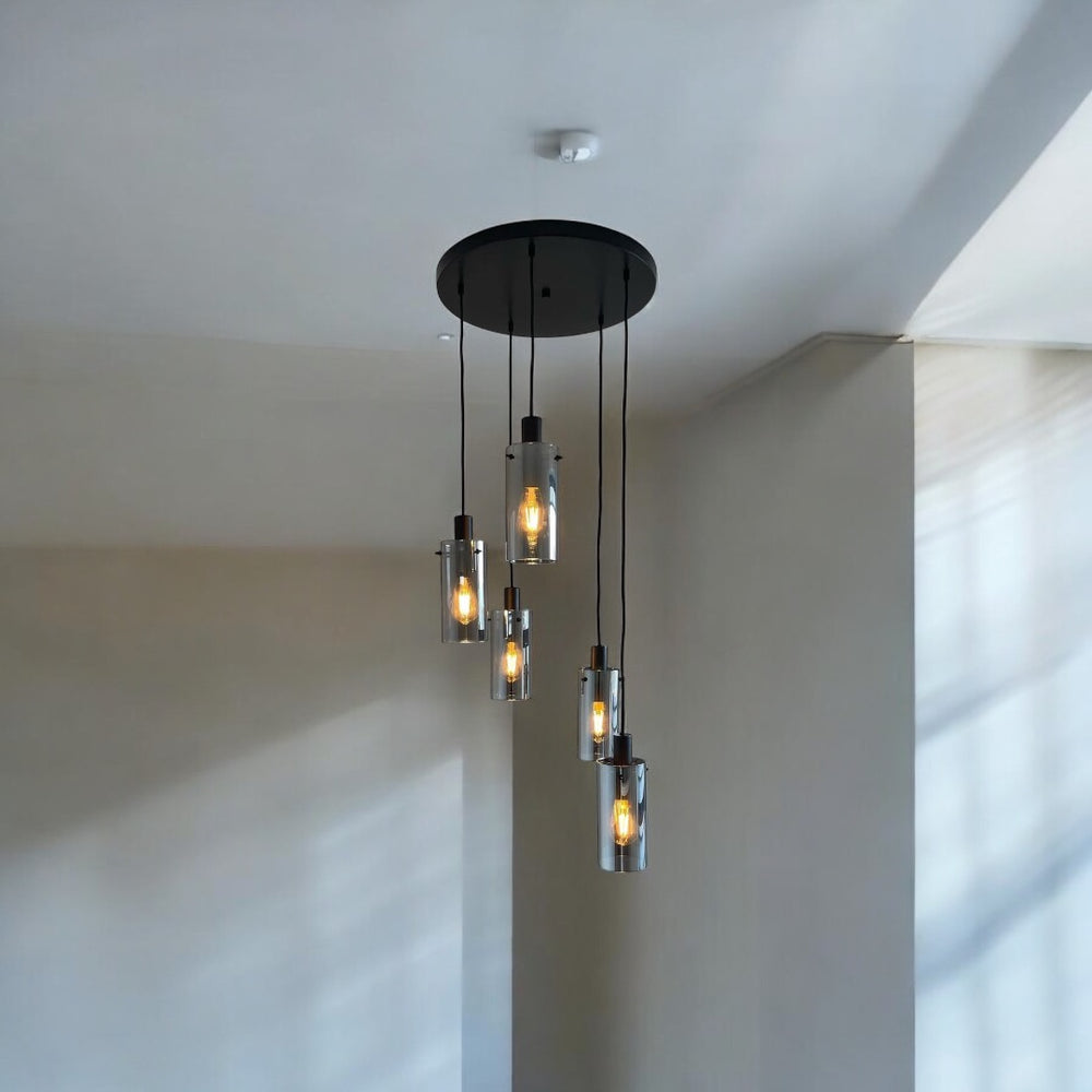 BAVARIA 5 ligh Pendant with Smokey Glass Pendant