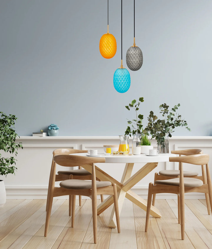 KATHAL: Interior Ellipse Glass Segmented with Brass Highlight Enclosed Pendant Lights Pendant