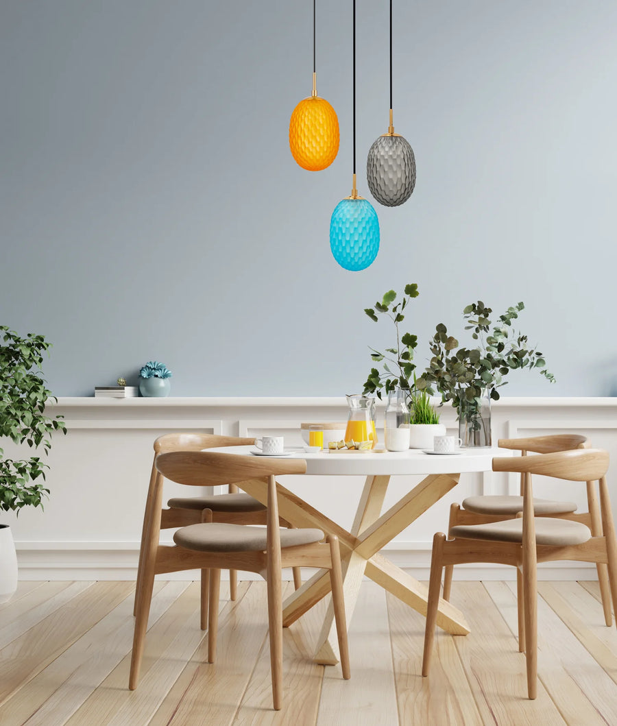 KATHAL: Interior Ellipse Glass Segmented with Brass Highlight Enclosed Pendant Lights Pendant