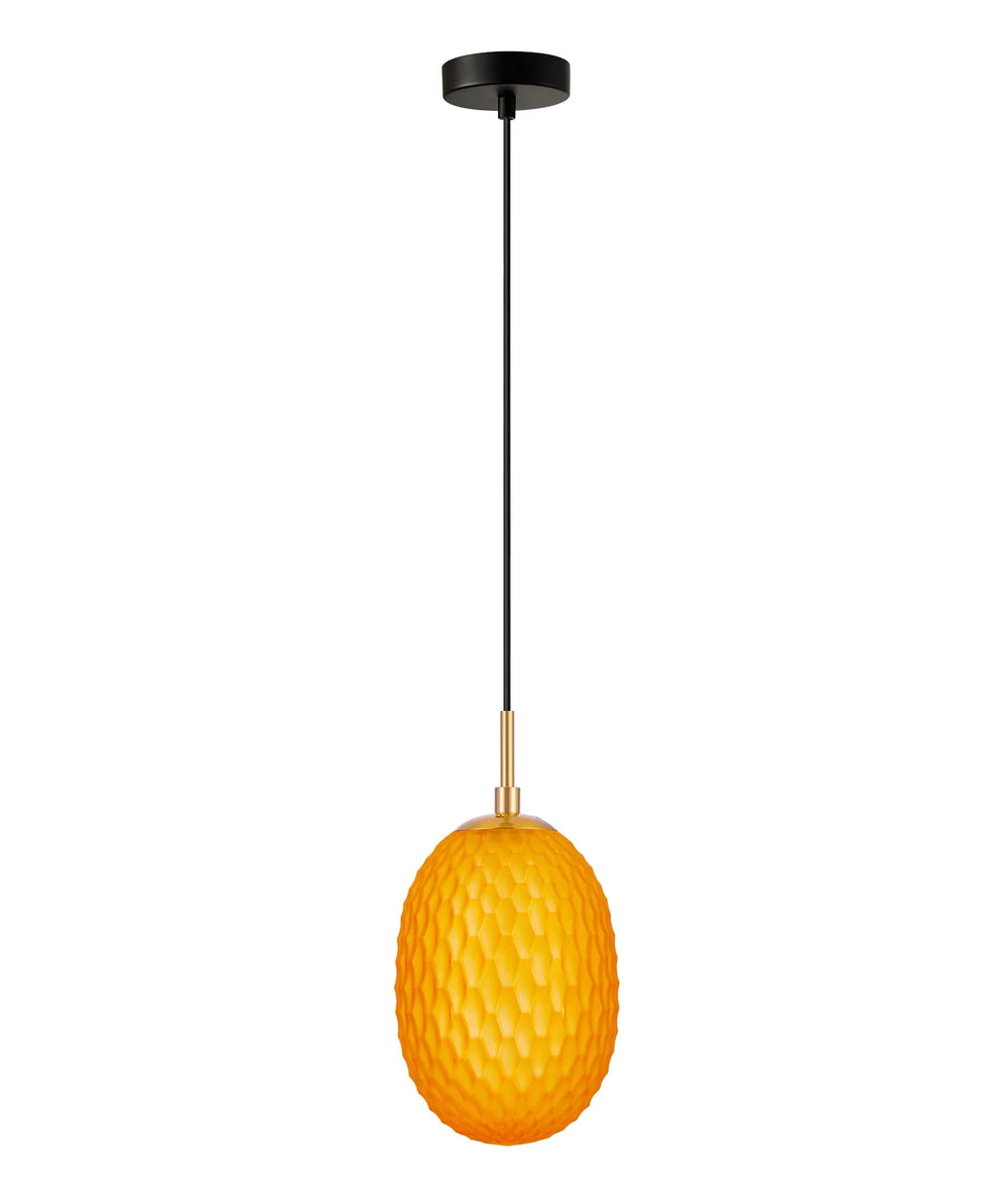 KATHAL: Interior Ellipse Glass Segmented with Brass Highlight Enclosed Pendant Lights Orange Pendant