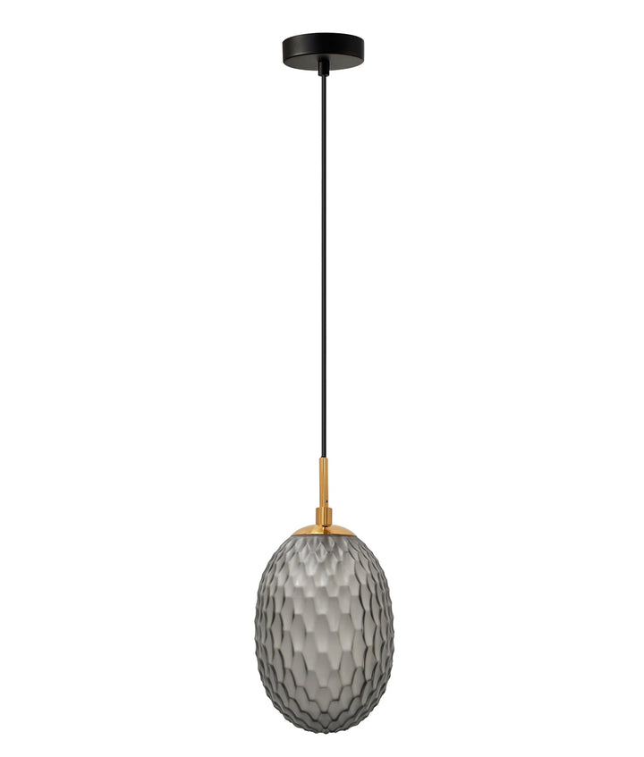 KATHAL: Interior Ellipse Glass Segmented with Brass Highlight Enclosed Pendant Lights Smokey Black Pendant