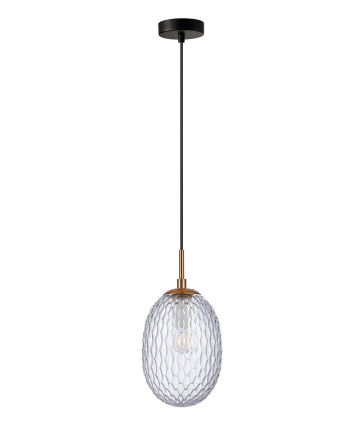 KATHAL: Interior Ellipse Glass Segmented with Brass Highlight Enclosed Pendant Lights Clear Pendant