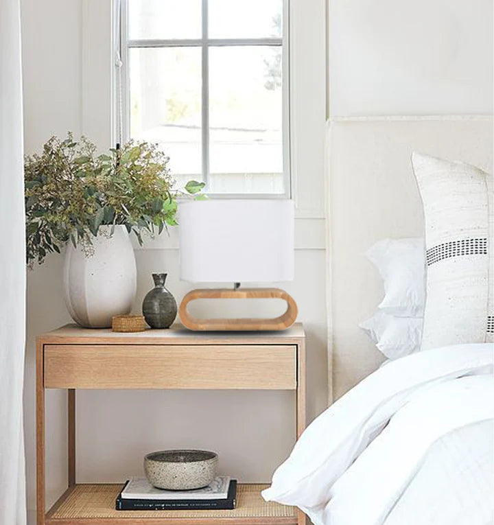 LOTUS: Blonde / Dark Wood Cloth Shade Table Lamps TABLE LAMP