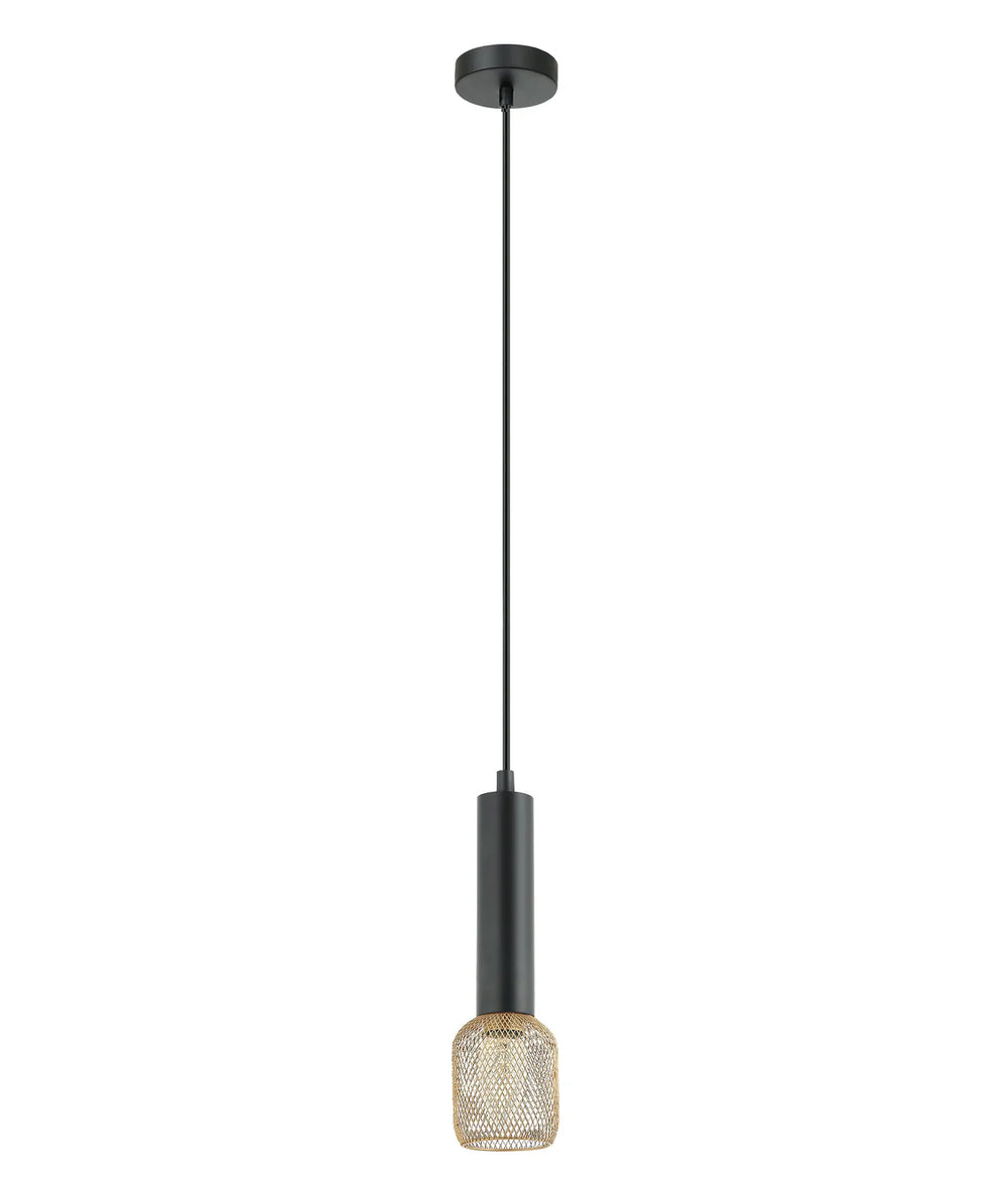 MIKRO: Modern Karaoke Mic Shape Interior Cylinder & Mesh Pendant Lights Matte Black with Brass Mesh Pendant
