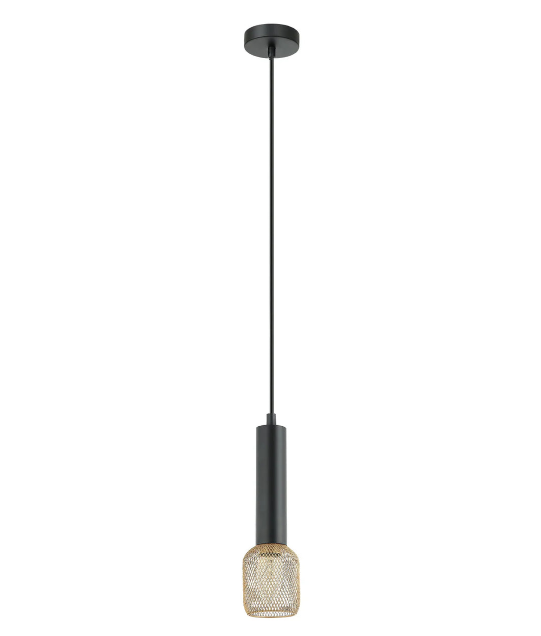 MIKRO: Modern Karaoke Mic Shape Interior Cylinder & Mesh Pendant Lights Matte Black with Brass Mesh Pendant