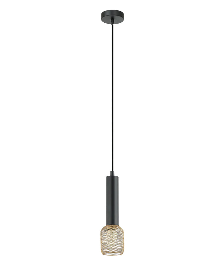 MIKRO: Modern Karaoke Mic Shape Interior Cylinder & Mesh Pendant Lights Matte Black with Brass Mesh Pendant