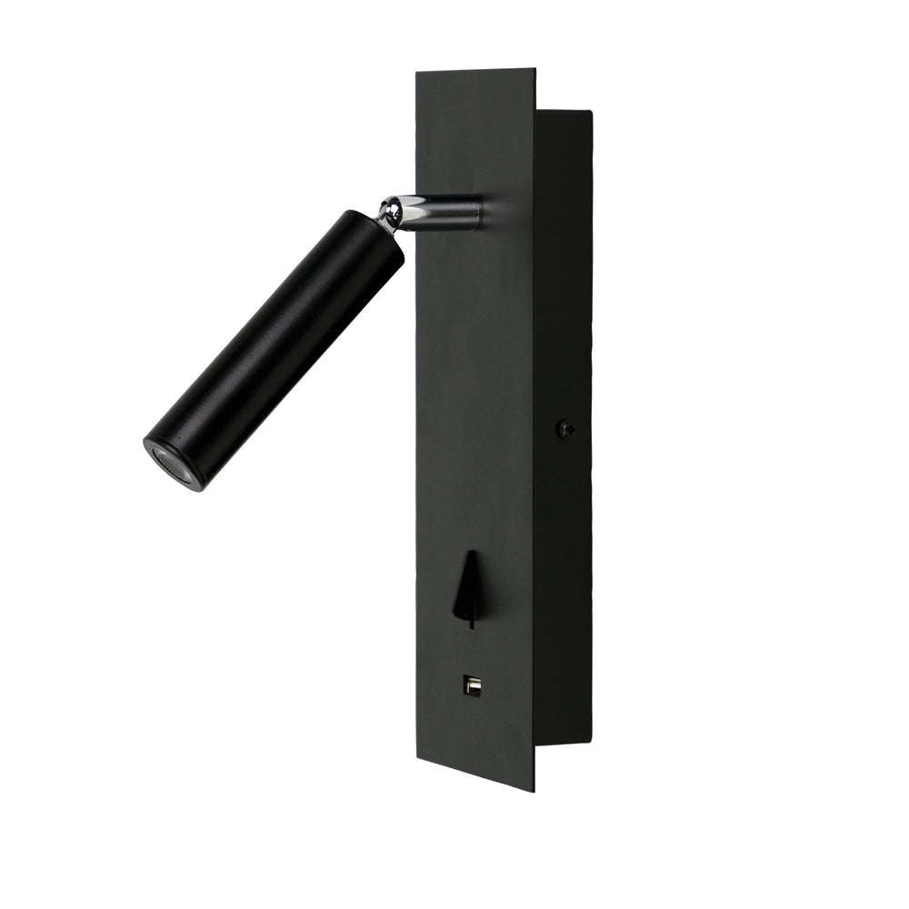 HOTEL 3W LED Spot with USB & Switch Black Black WALL LIGHT