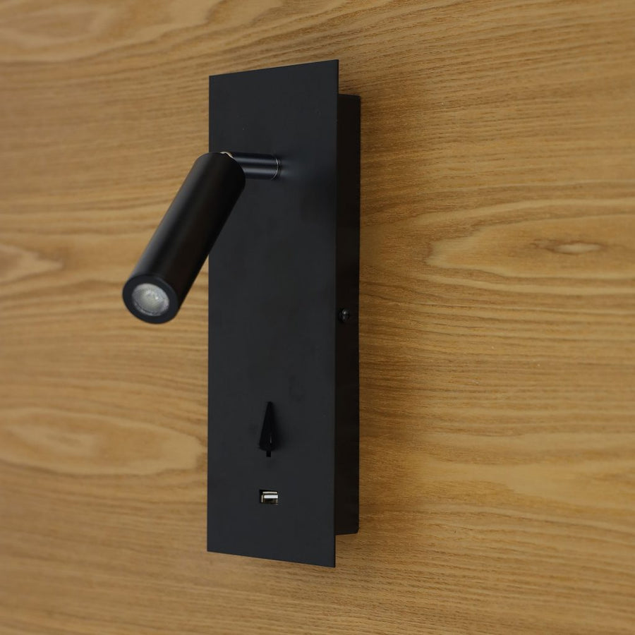HOTEL 3W LED Spot with USB & Switch Black WALL LIGHT
