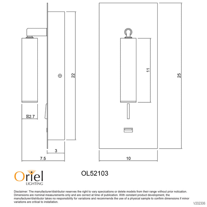 HOTEL 3W LED Spot with USB & Switch Black WALL LIGHT
