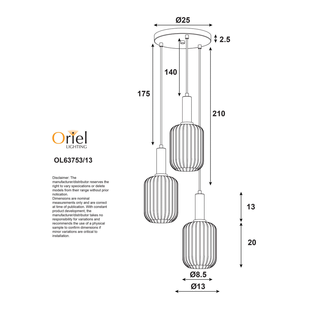 LUXE TRILIGHT 3lt Ribbed Glass Pendant Pendant