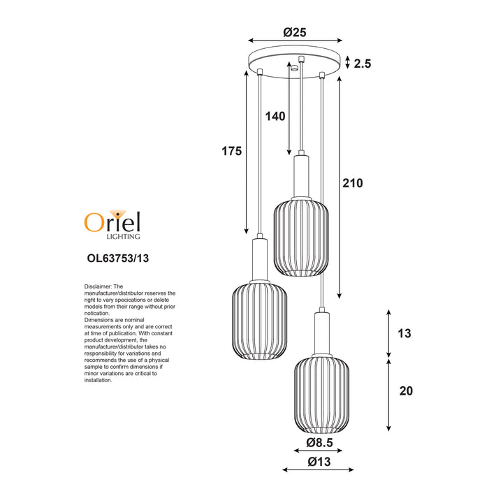 LUXE TRILIGHT 3lt Ribbed Glass Pendant Pendant
