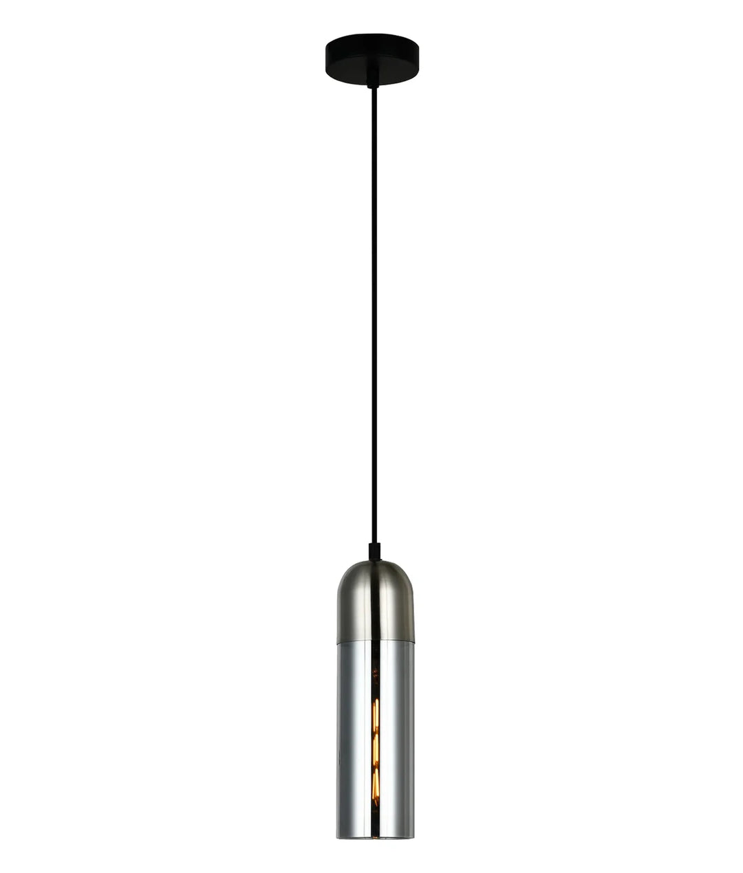 PASTILLE: Interior Round Top Cylinder Glass Pendant Lights Smokey Black glass Satin Chrome highlight Pendant
