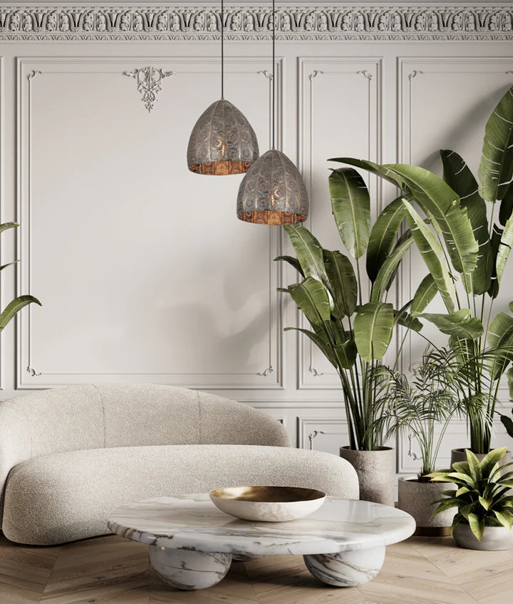 SARI: Bohemian Interior Embossed Ellipse Aged Brass Steel Ombre Pendant Light Pendant