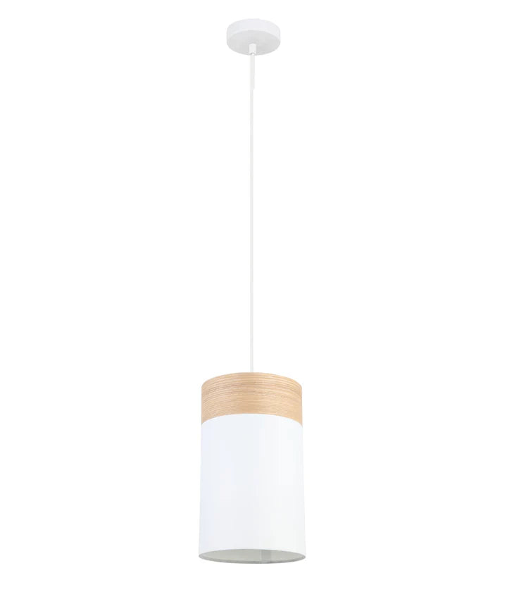 TAMBURA: Scandinavian Round Cloth Shade with Wood Veneer Trim Pendant Lights White Small Pendant