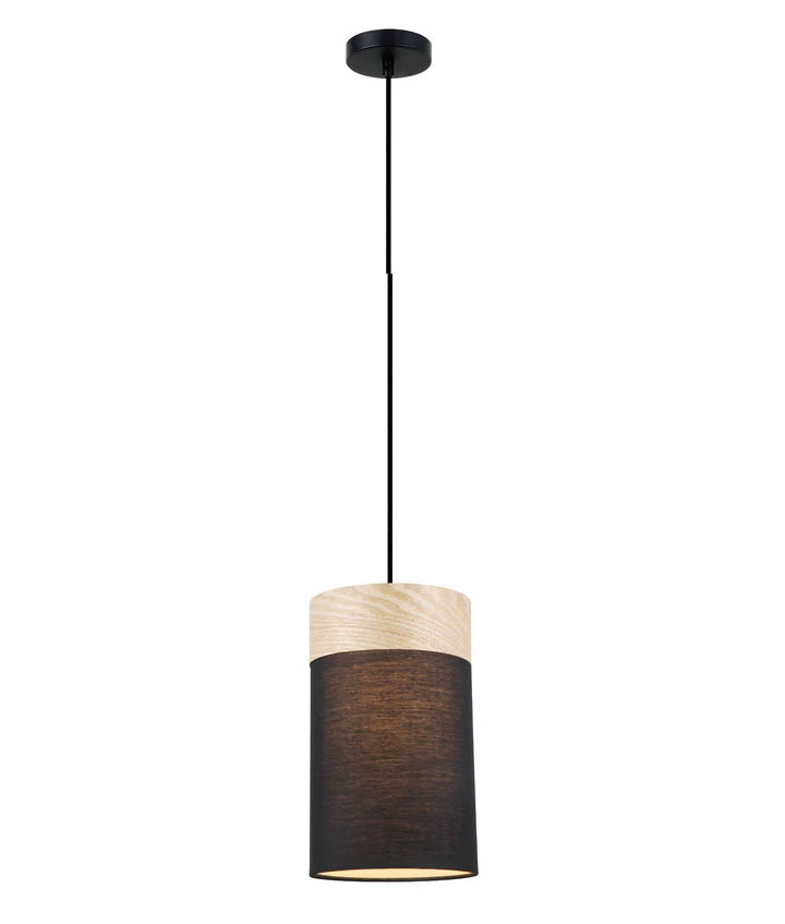 TAMBURA: Scandinavian Round Cloth Shade with Wood Veneer Trim Pendant Lights Black Small Pendant