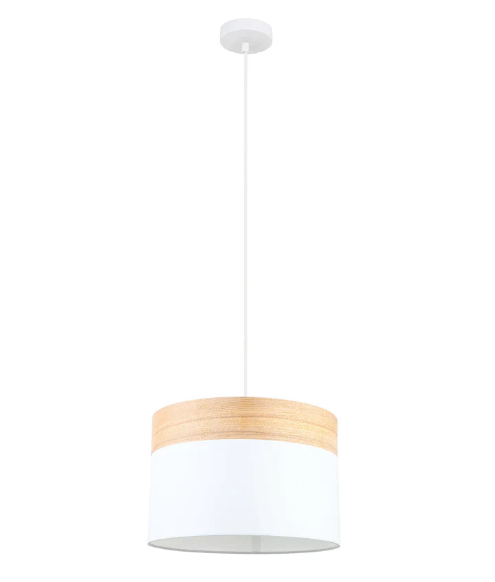 TAMBURA: Scandinavian Round Cloth Shade with Wood Veneer Trim Pendant Lights White Medium Pendant