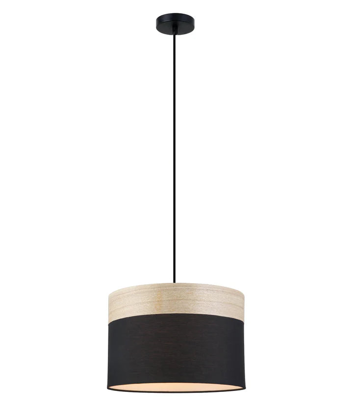 TAMBURA: Scandinavian Round Cloth Shade with Wood Veneer Trim Pendant Lights Black Medium Pendant
