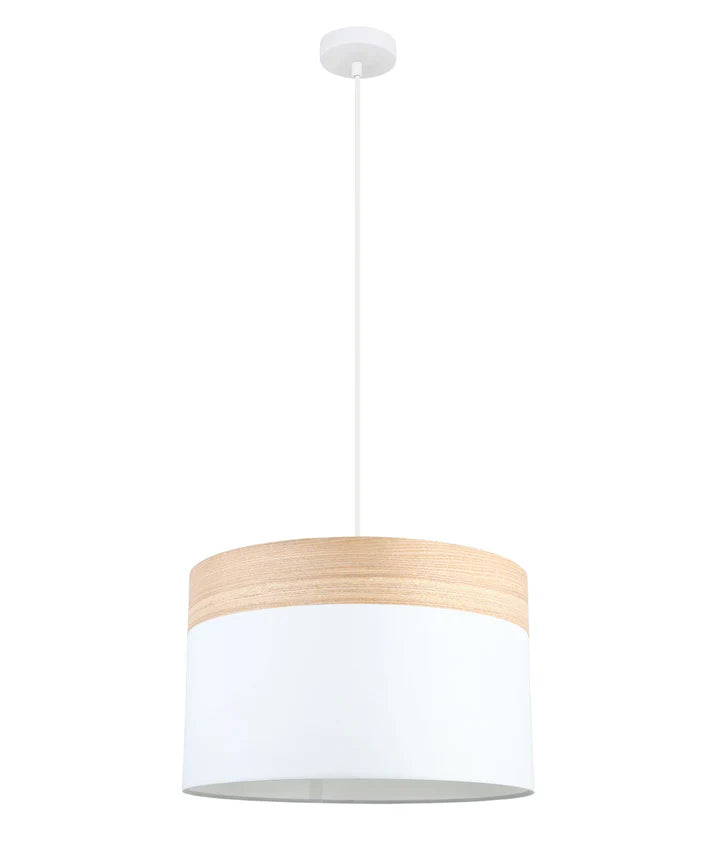 TAMBURA: Scandinavian Round Cloth Shade with Wood Veneer Trim Pendant Lights White Large Pendant