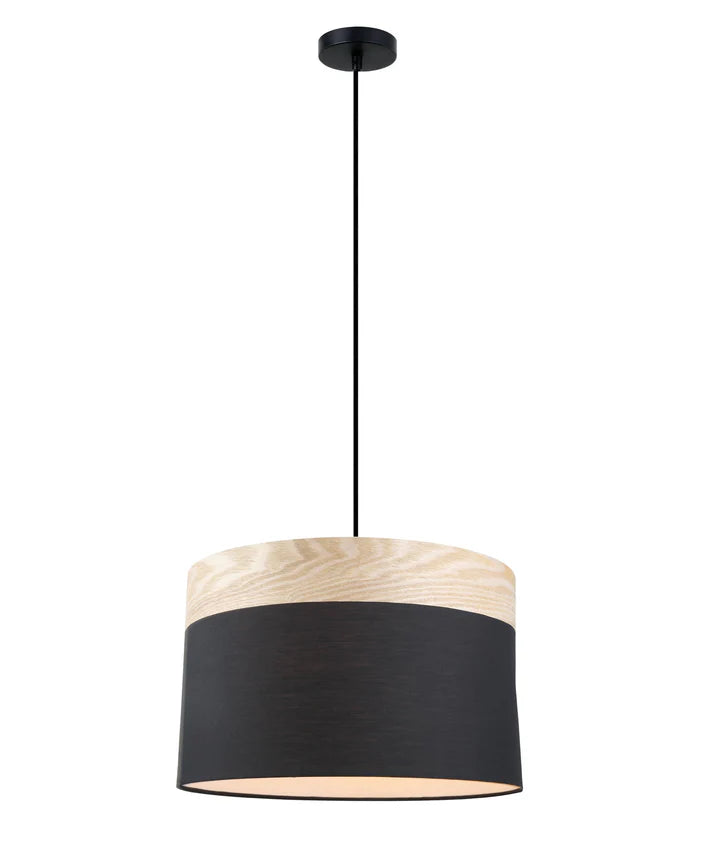 TAMBURA: Scandinavian Round Cloth Shade with Wood Veneer Trim Pendant Lights Black Large Pendant