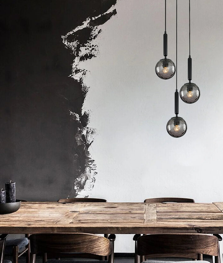 TRATTINO: Interior Bronze Amber / Smokey Black Spherical Glass Multiple Round Base Pendant Lights Pendant