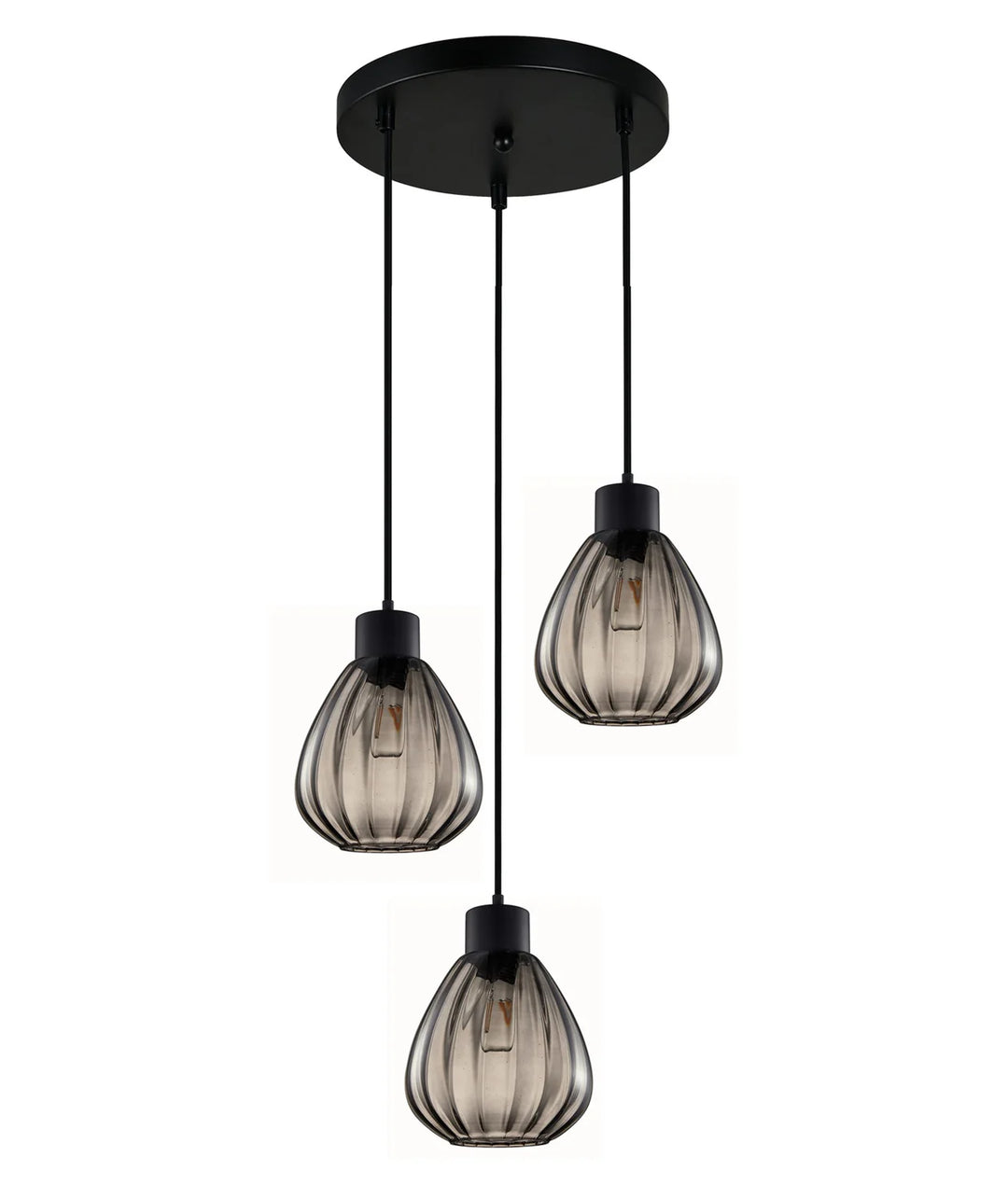 TULIP: Interior Bronze Amber / Smokey Black Wine Glass Ribbed Multiple Round Base Pendant Lights Smokey Black Pendant