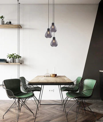 TULIP: Interior Bronze Amber / Smokey Black Wine Glass Ribbed Multiple Round Base Pendant Lights Pendant