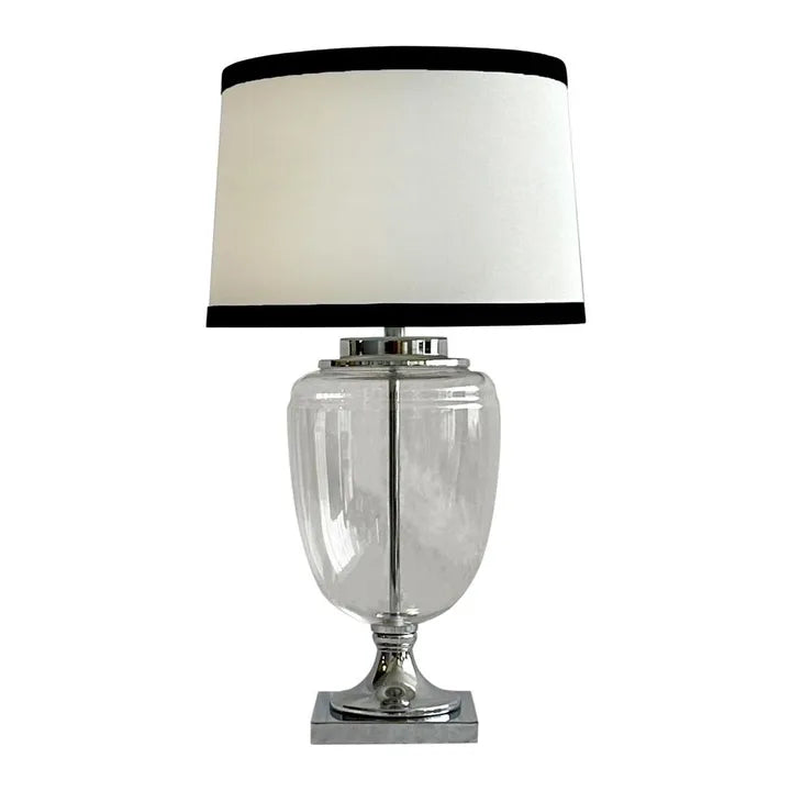 Charlotte Glass and Nickel Lamp with White Linen Shade Black TABLE LAMP