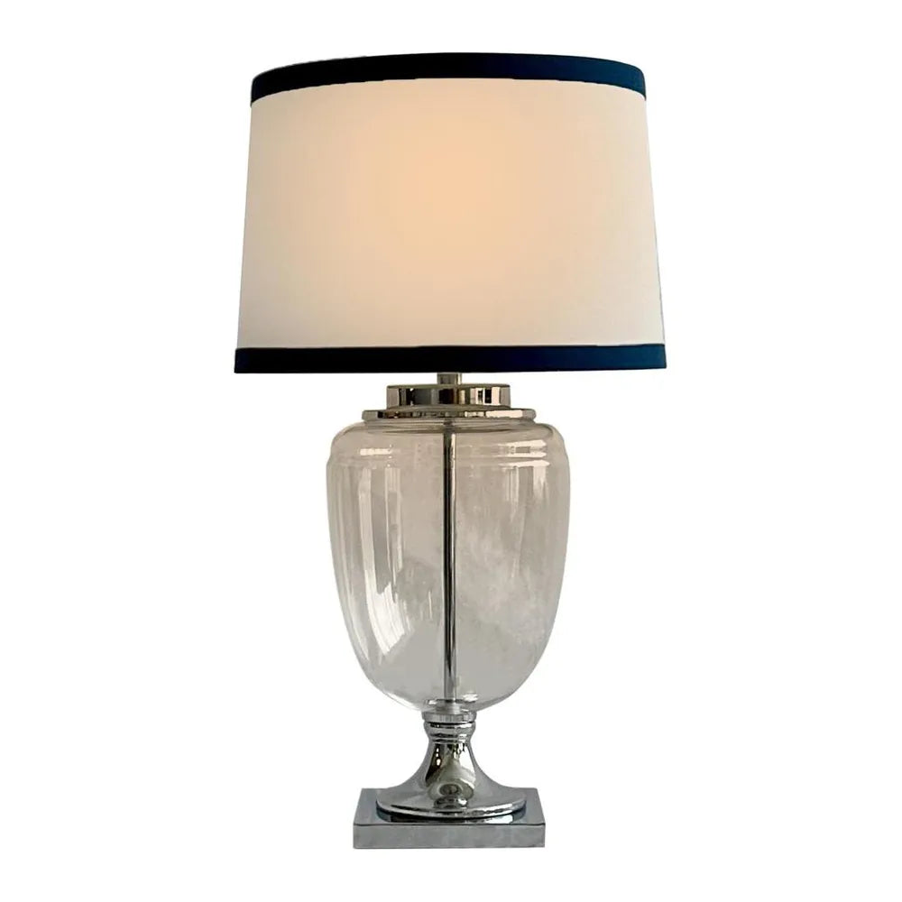 Charlotte Glass and Nickel Lamp with White Linen Shade TABLE LAMP