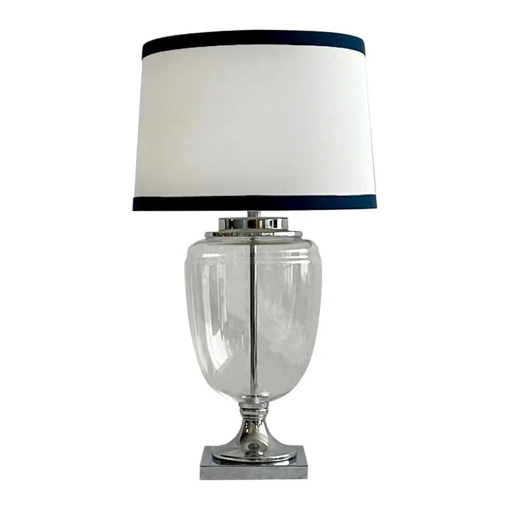 Charlotte Glass and Nickel Lamp with White Linen Shade Navy Blue TABLE LAMP