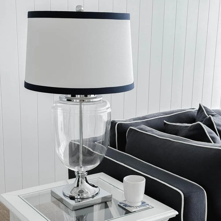 Charlotte Glass and Nickel Lamp with White Linen Shade TABLE LAMP