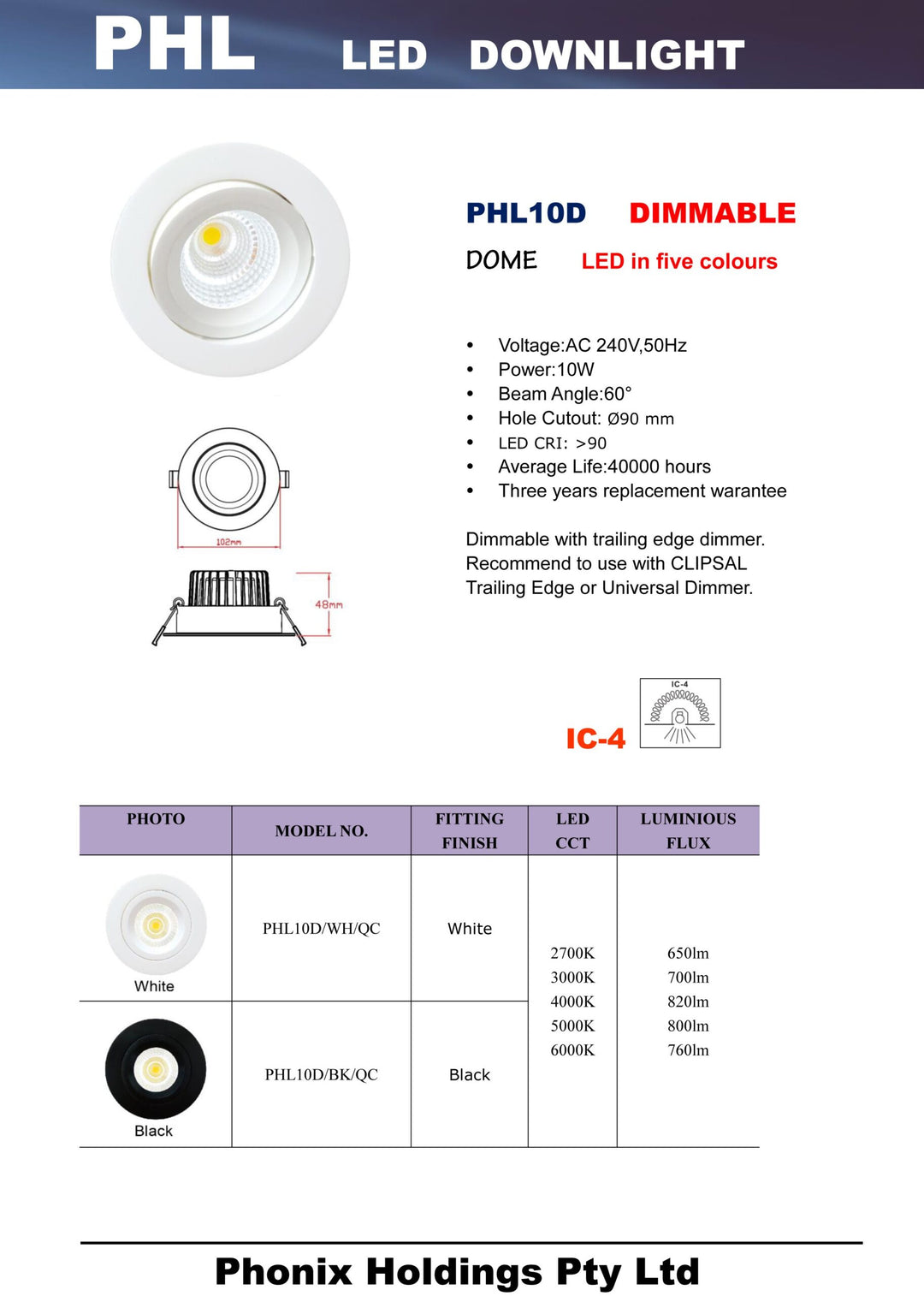 PHL10D Dome Five Colours Downlight