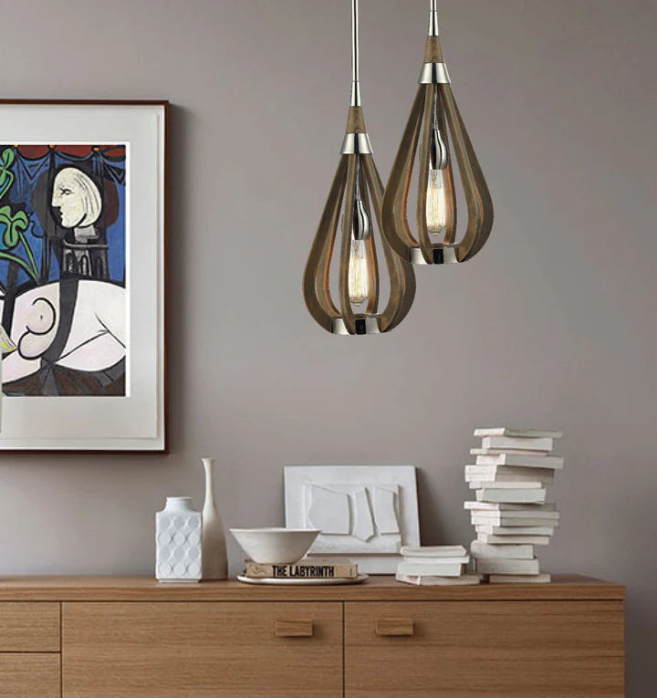 BONITO: Rustic Taupe / Winter Moss Wood Tear Drop Pendant Light