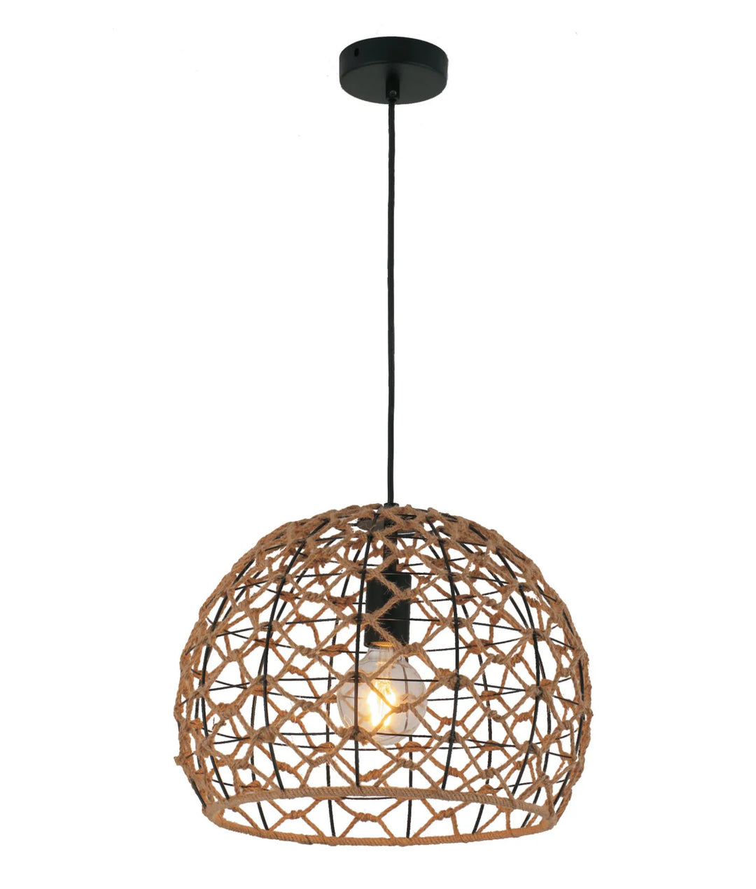 CANAMO: Bohemian Interior Natural Hemp Rope & Black Hardware Dome Pendant Light