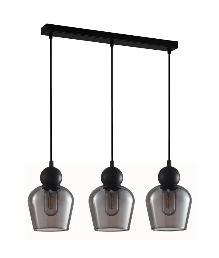 CHAMPAN: Interior Bronze Amber / Smokey Black Glass Ellipse Multiple Bar Base Pendant Lights