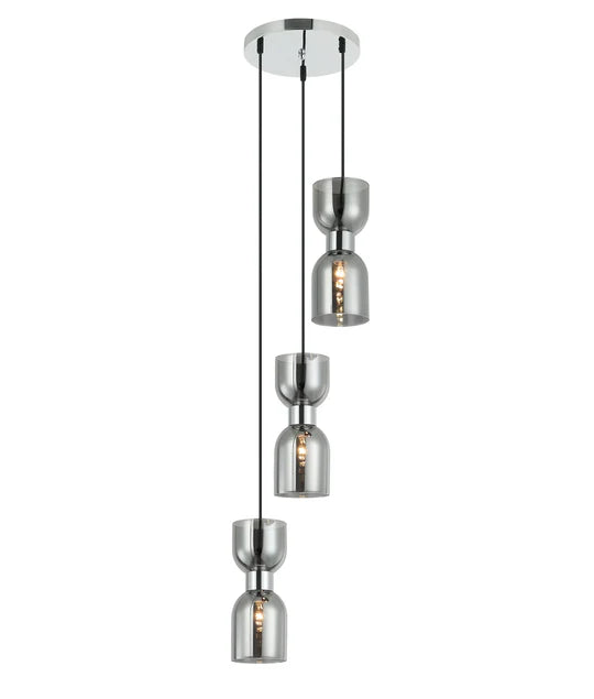 CLESSIDRA: Interior Mirror Finish Smokey Black / Opal Glass Ellipse Multiple Round Base Pendant Lights