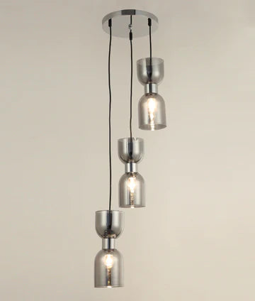 CLESSIDRA: Interior Mirror Finish Smokey Black / Opal Glass Ellipse Multiple Round Base Pendant Lights