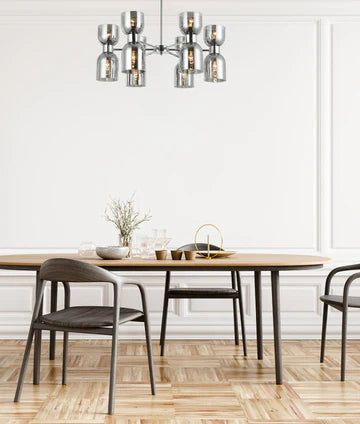 CLESSIDRA: Interior Mirror Finish Smokey Black / Opal Glass Ellipse x12 Round Base Pendant Lights