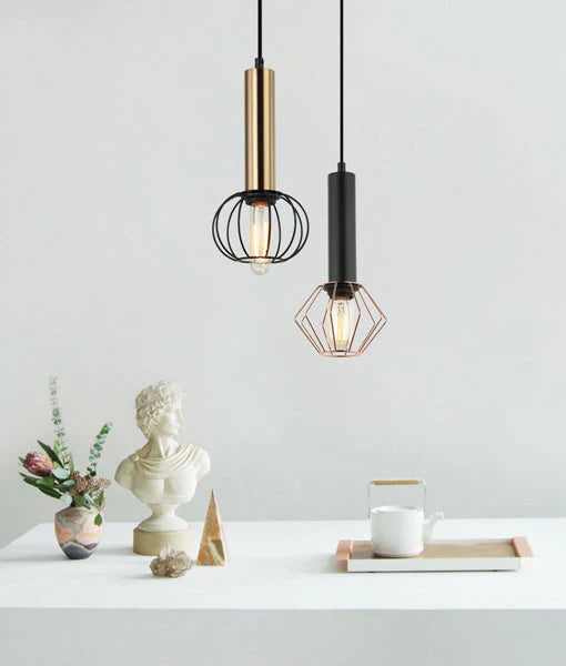 CORAZON: Interior Matte Black and Copper Cage Diamond/ Brass and Matte Black Round Cage Pendant Light